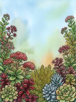 Watercolor botanical frame with succulents and flowering plants on soft pastel background for greeting cards and wedding invitations.