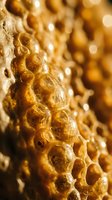 Golden honeycomb structure with hexagonal cells and warm amber tones creating natural organic texture for food and nature themed designs.
