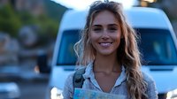 Young Caucasian woman with long wavy hair smiling outdoors, wearing casual shirt and backpack, standing in front of white van on blurred urban background during sunset.