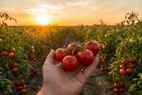Fresh ripe tomatoes in farmer hand at sunset in agricultural field. Organic farming and harvest concept for healthy food production and sustainable agriculture.