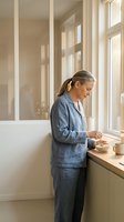 Mature Caucasian woman in blue linen pajamas enjoying morning breakfast by kitchen window with natural sunlight streaming through glass panels creating warm atmosphere.