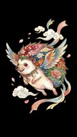 Cute flying hedgehog with colorful wings, floral armor, and swirling clouds in Asian art style, isolated on transparent background, for stickers, t-shirts, print on demand.