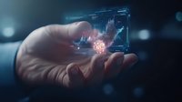 Futuristic holographic financial chart projection floating above male hand with glowing brain symbol, representing artificial intelligence in trading and investment analysis.