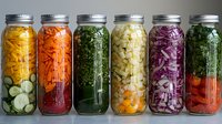 Colorful mason jars filled with fresh vegetables for fermentation and pickling, including cucumber, carrots, cabbage and herbs arranged in row on dark surface.