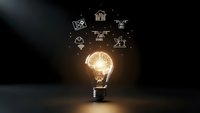 Smart home automation concept with glowing lightbulb and connected device icons on dark background for technology and innovation presentations.
