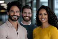 Diverse business team of young professionals smiling at camera in modern office setting. Mixed ethnicity coworkers in casual attire showing positive workplace culture.