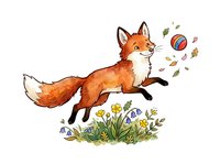 Playful fox jumping with ball and flowers isolated on white background, suitable for children's designs, nursery decor, and educational materials.