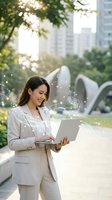 Young Asian businesswoman using laptop with digital network connections in modern city park for remote work and technology concepts.