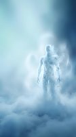 Ethereal humanoid figure composed of luminous frost and ice crystals stands amid swirling clouds in cool blue tones, evoking spiritual transcendence and otherworldly presence for fantasy and conceptual projects.