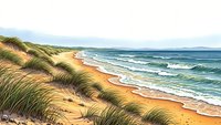 Coastal dunes with golden grass overlooking pristine beach and rolling ocean waves under cloudy sky, natural seascape for travel and environmental themes.