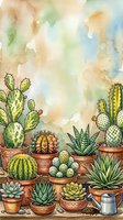 Watercolor illustration of various potted cacti and succulents arranged on wooden shelf with terracotta pots against soft, blended background. Perfect for home decor, botanical designs.