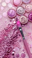 Crushed pink and purple eyeshadow palettes with makeup brush on pink background, scattered shimmer powder creating artistic cosmetic flatlay composition.