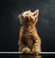 Curious ginger kitten looking up against dark background, whiskers highlighted by dramatic lighting. Young cat displaying natural hunting behavior and feline grace.