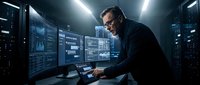Focused IT specialist working late in modern data center with multiple monitors displaying system analytics and network infrastructure management dashboards.