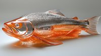 Elegant glass fish sculpture with silver and orange tones on neutral background, showcasing detailed scales and fins for decorative art display.