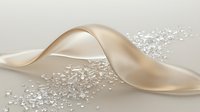 Smooth beige silk ribbon flowing over scattered clear glass beads on neutral background, suitable for luxury branding, cosmetics packaging, and elegant design projects.