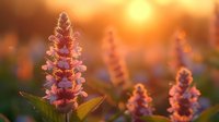 Pink wildflowers blooming at golden sunset with soft bokeh background, delicate petals catching warm evening light creating dreamy natural atmosphere.
