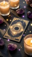 Mystical tarot card reading setup with The Star card, purple amethyst crystals, glowing candles and magical bokeh lights on dark wooden surface for divination.