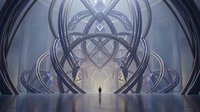 Silhouette of solitary figure standing in vast futuristic chamber with intricate geometric metal structures and glowing light, conveying isolation and wonder in sci-fi environment.
