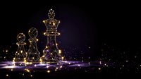 Golden wireframe chess pieces king queen pawn glowing with purple lights on dark background for strategic business concepts and luxury gaming designs.