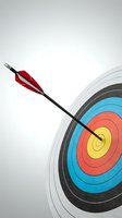 Arrow hitting bullseye center of colorful archery target with red fletching on clean white background for business success and goal achievement concepts.