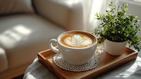 Morning cappuccino with latte art foam design on wooden serving tray next to small green plant in white pot, soft natural window lighting creates cozy atmosphere.
