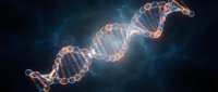 DNA double helix structure glowing with orange and blue light against dark background, representing genetic science, molecular biology, and biotechnology research.