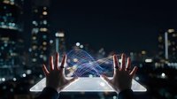 Hands holding glowing digital wave energy above laptop keyboard with blurred city lights background, representing technology, data transfer, and digital innovation for web design and business concepts.