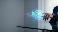 Professional businessman hand touching holographic digital interface with glowing blue technology elements and data visualization effects in modern office.