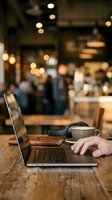 Person working on laptop in cozy coffee shop with warm bokeh lights and blurred cafe atmosphere for remote work and digital nomad lifestyle.