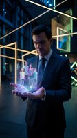 Professional businessman in suit holding holographic family projection in modern office with geometric lighting for insurance and protection concepts.