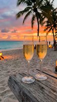 Two champagne glasses on wooden table at tropical beach sunset with palm trees and golden sky for romantic celebration and luxury vacation moments.