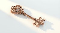 Ornate golden key with decorative filigree head and twisted shaft, isolated on white background, suitable for vintage design, jewelry concepts, and antique-themed projects.