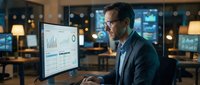 Professional businessman analyzing financial data on computer screen in modern office environment during evening hours.
