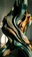 Abstract weathered driftwood sculpture with flowing organic curves in green and natural wood tones displayed in modern gallery setting for artistic decor.