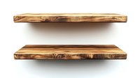 Empty wooden floating shelves with natural wood grain pattern and live edge design isolated on white background for modern home interior decor.