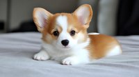 Adorable Pembroke Welsh Corgi puppy with red and white fur lying on gray bedding, looking at camera with bright eyes and alert expression.