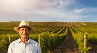 Senior male farmer wearing straw hat standing in vineyard rows during harvest season. Agricultural professional portrait for farming, viticulture, and rural business use.