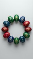 Colorful decorated Easter eggs arranged in circle with ornate golden floral patterns on red blue green backgrounds for holiday celebration and spring decor.