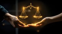 Glowing golden scales of justice floating between outstretched hands against dark background, symbolizing law, balance, and fairness in legal proceedings.