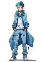 Young male anime character with spiky blue hair wearing casual streetwear outfit isolated on white background for digital art and design projects.