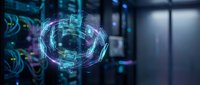 Futuristic holographic data visualization with glowing circular interface in modern server room for technology and digital transformation concepts.