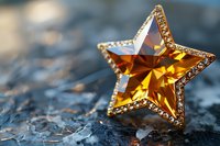 Golden crystal star brooch with rhinestone border on textured background, macro jewelry photography capturing light reflections and faceted details.