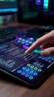 Developer hand touching tablet screen with colorful data visualization and network connections for modern business analytics and programming projects.