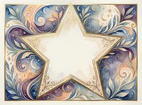 Ornate golden star frame with decorative swirls and flourishes on watercolor background for greeting cards, invitations and festive designs.