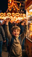 Happy young boy with raised arms celebrating at evening carnival with warm glowing lights and festive atmosphere in background.