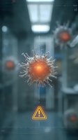 Glowing virus cell with warning sign in futuristic laboratory environment, medical research concept for healthcare and disease prevention.