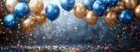 Festive blue and gold balloons with glittering confetti against dark background create celebratory party atmosphere for anniversary or holiday events.