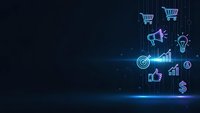 Digital marketing concept with glowing business icons on dark blue technology background for online advertising campaigns and e-commerce strategies.