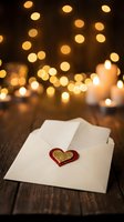 Love letter with red and gold heart on white envelope against warm bokeh lights and wooden surface, perfect for Valentine's Day, romance, greeting cards, and festive occasions.